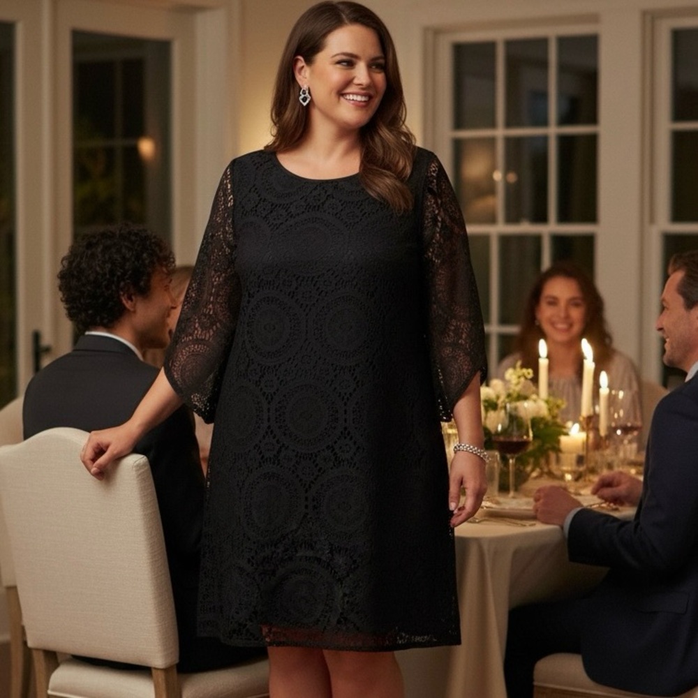 Tacera Elegant Black Lace Overlay Lined Tunic Dress